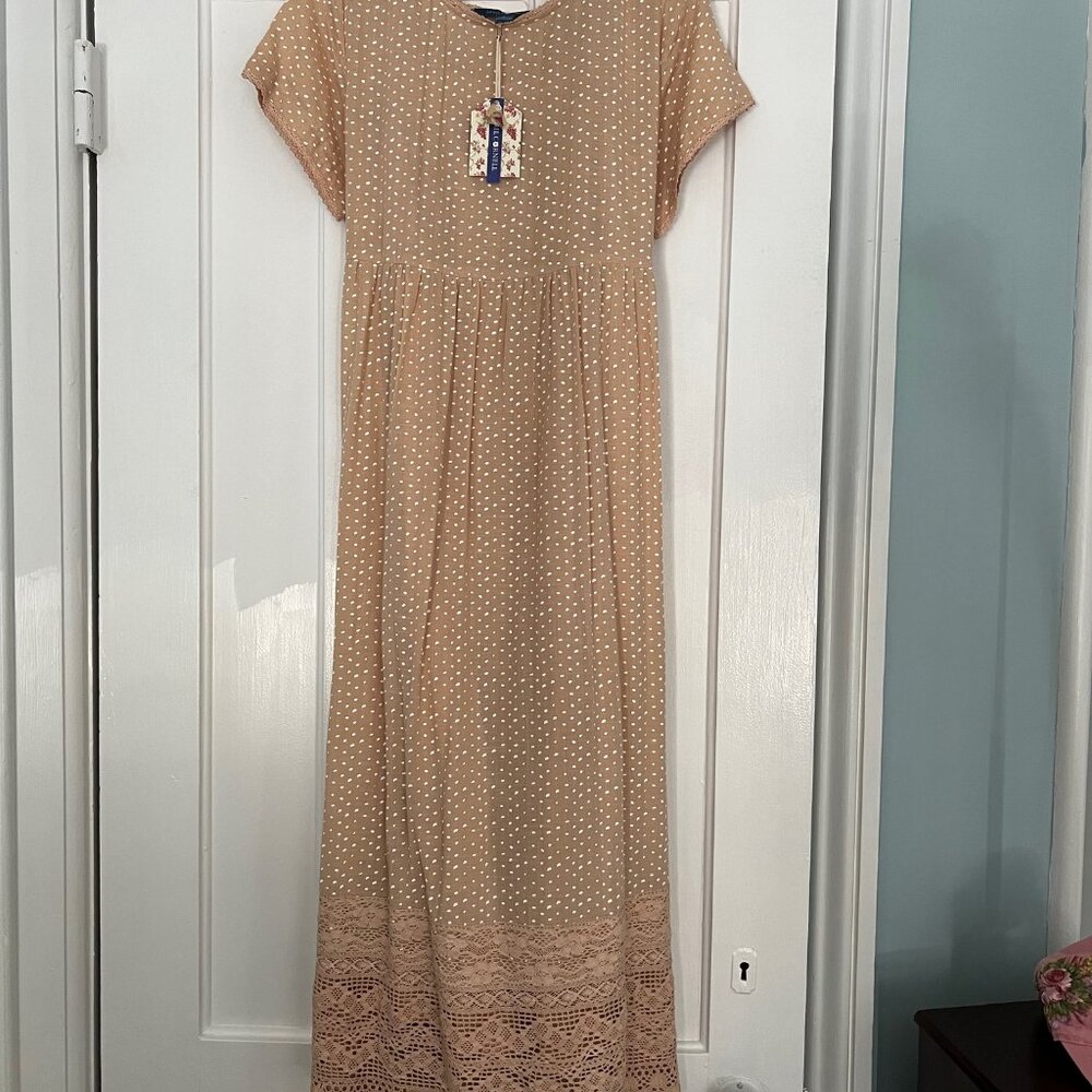 NWT April Cornell cotton lace trimmed dress w/slip ~Sz Medium ~ Beige and white